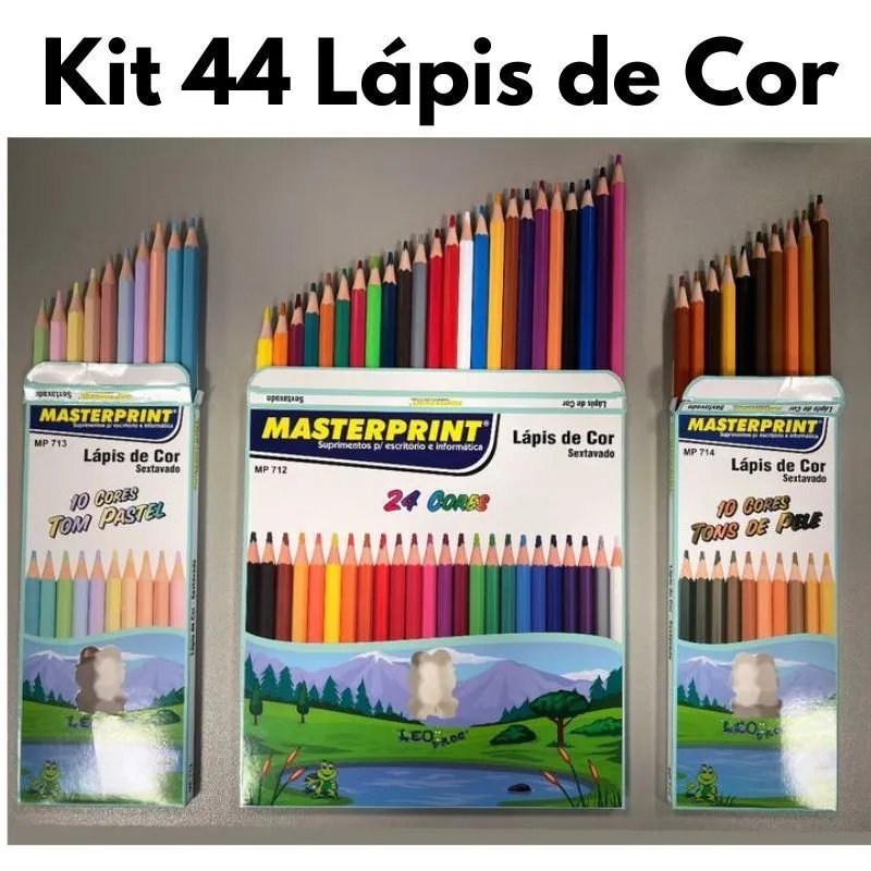 Kit 44 Lápis de Cor (24 CORES + 10 Cores Tom Pastel +10 Cores Tons de Pele) Escolar Sextavado