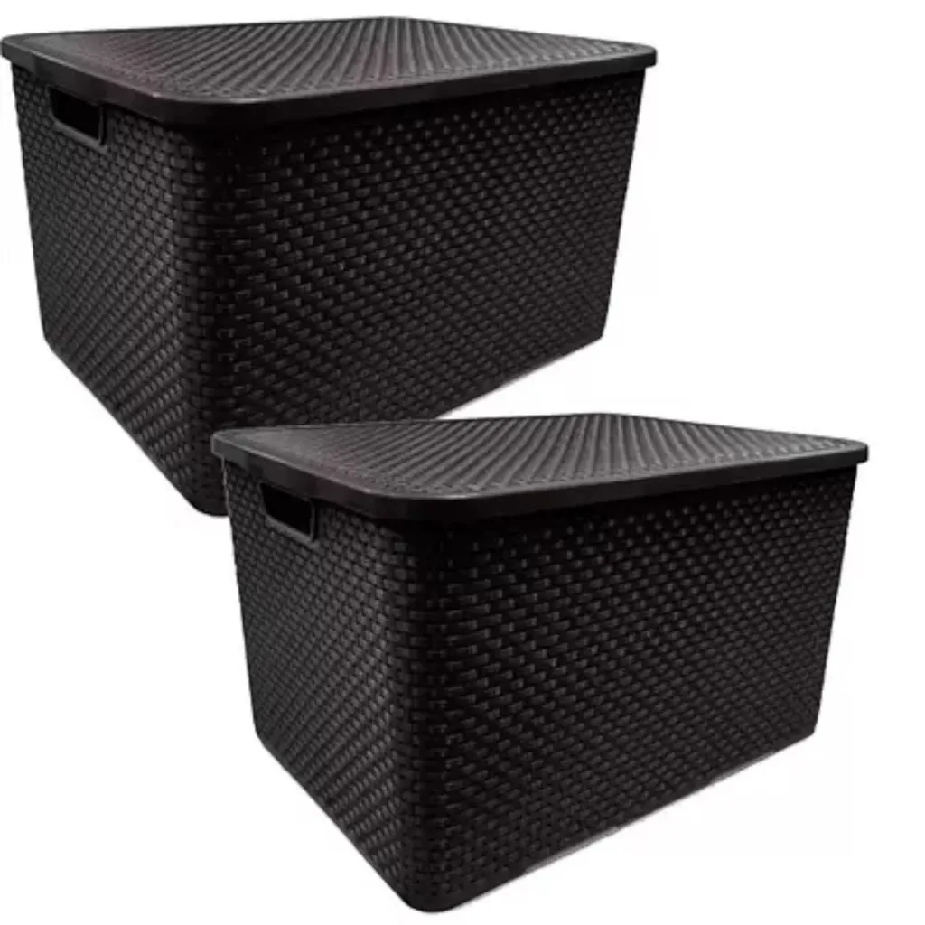 Kit Com 2 Cesto Caixa Organizadora Rattan Com Tampa 7 Litros Preto