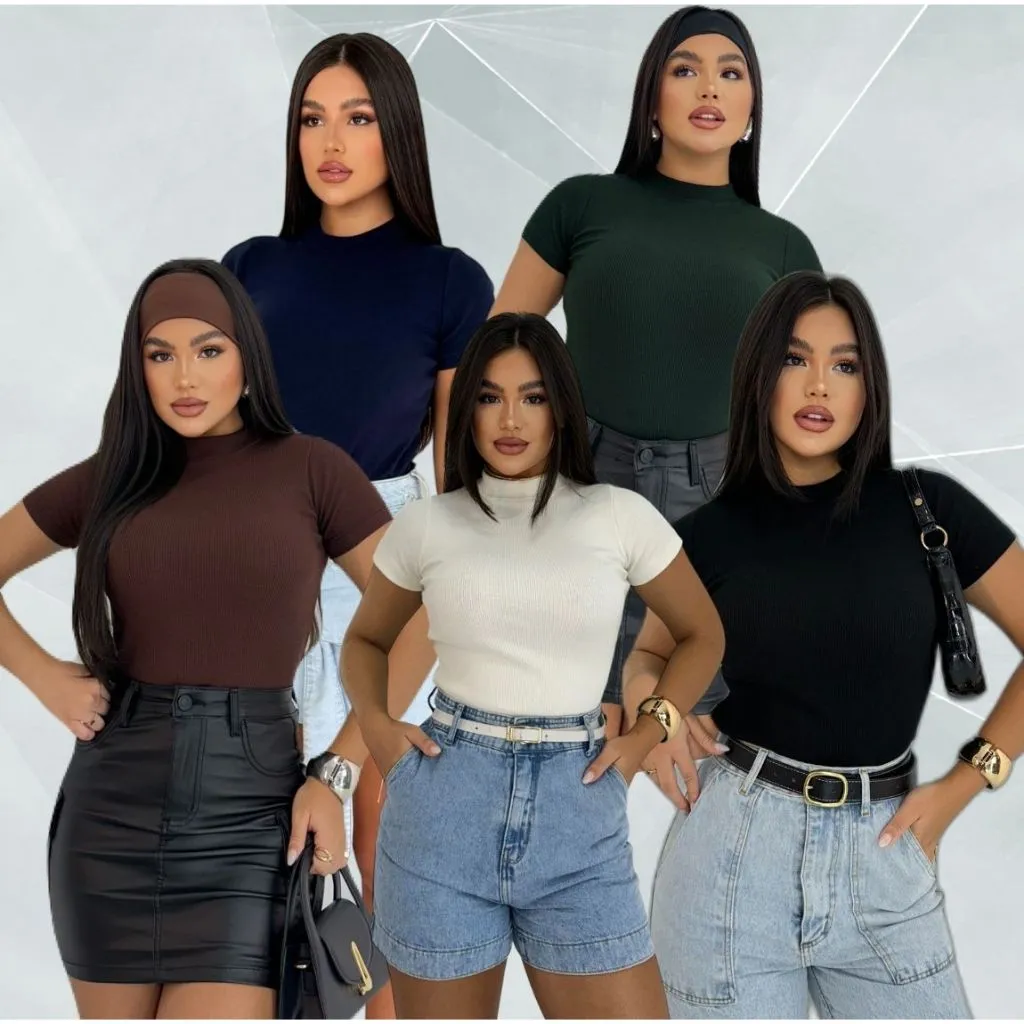 Blusinha Feminina Camiseta Canelada Básica Blusa Elegante Dia a Dia Manga Curta