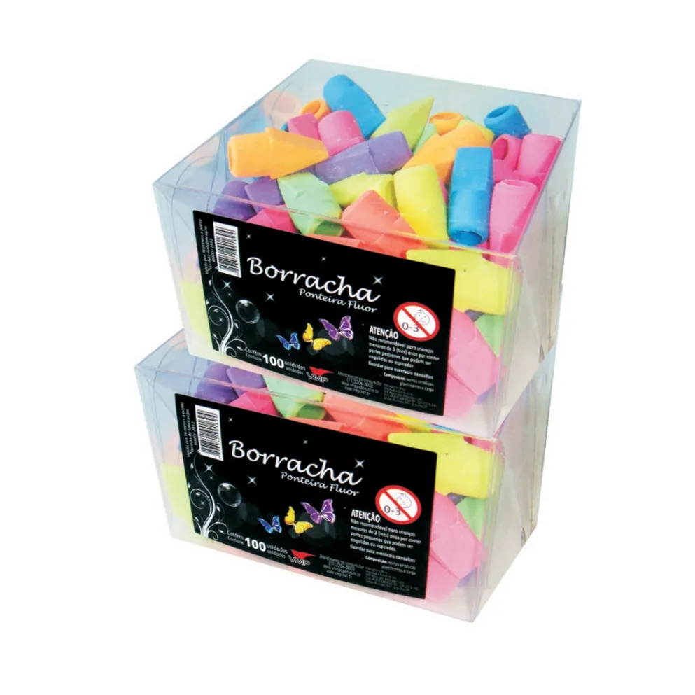 Borracha Ponteira Colorida Neon Para Lápis 200 Unidades VMP Borrachas Escolar Atacado Professores
