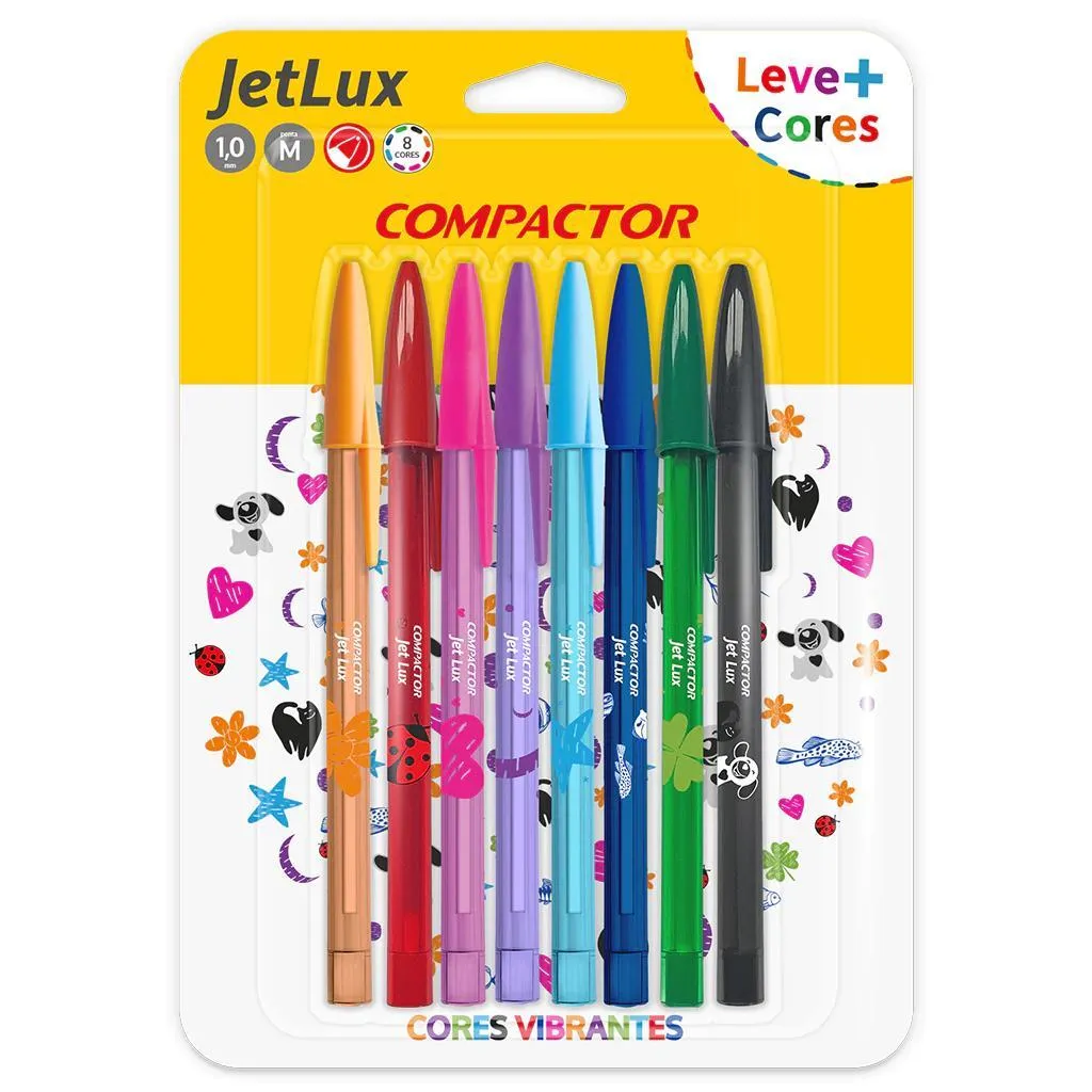 Caneta Esferográfica Compactor Jet Lux Blister – 8 Cores Vibrantes para Escrita Criativa