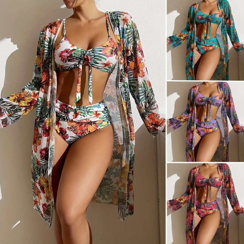 Conjunto De Biquíni De Três Peças Femininas Elegante Cardigã Cobrir Sutiã Floral Estampa
