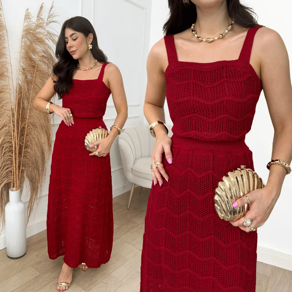 Conjunto Longo Saia Cropped Feminino Tricot Rendado Mod...