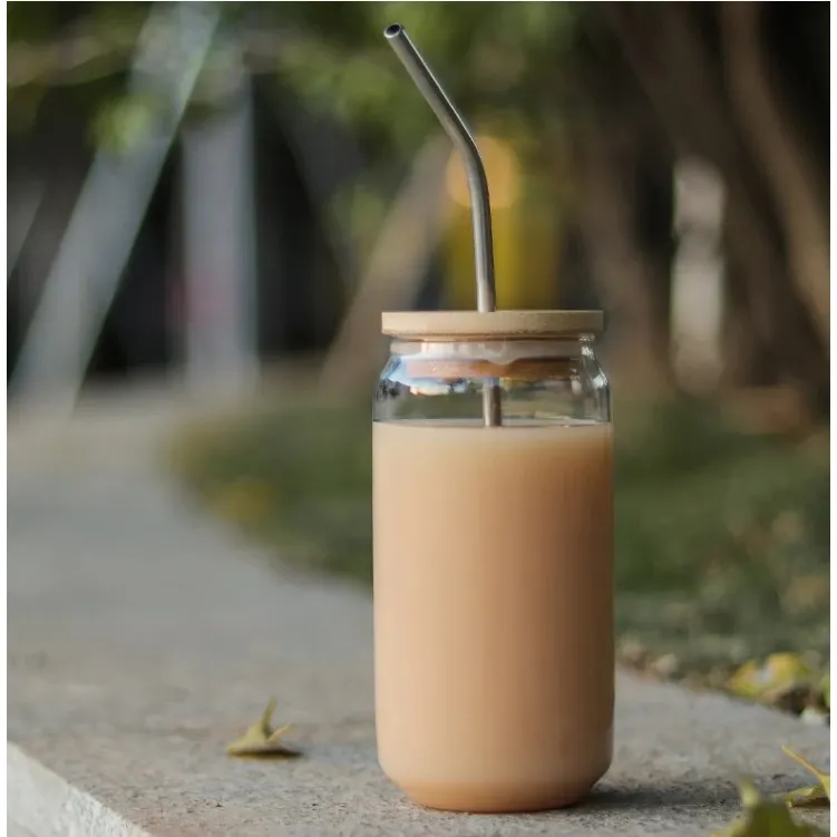 Copo De Vidro 500 ML Com Tampa De Bambu E Canudo Inox 20×15,5×8,5 Resistente De Multiuso Decorativo