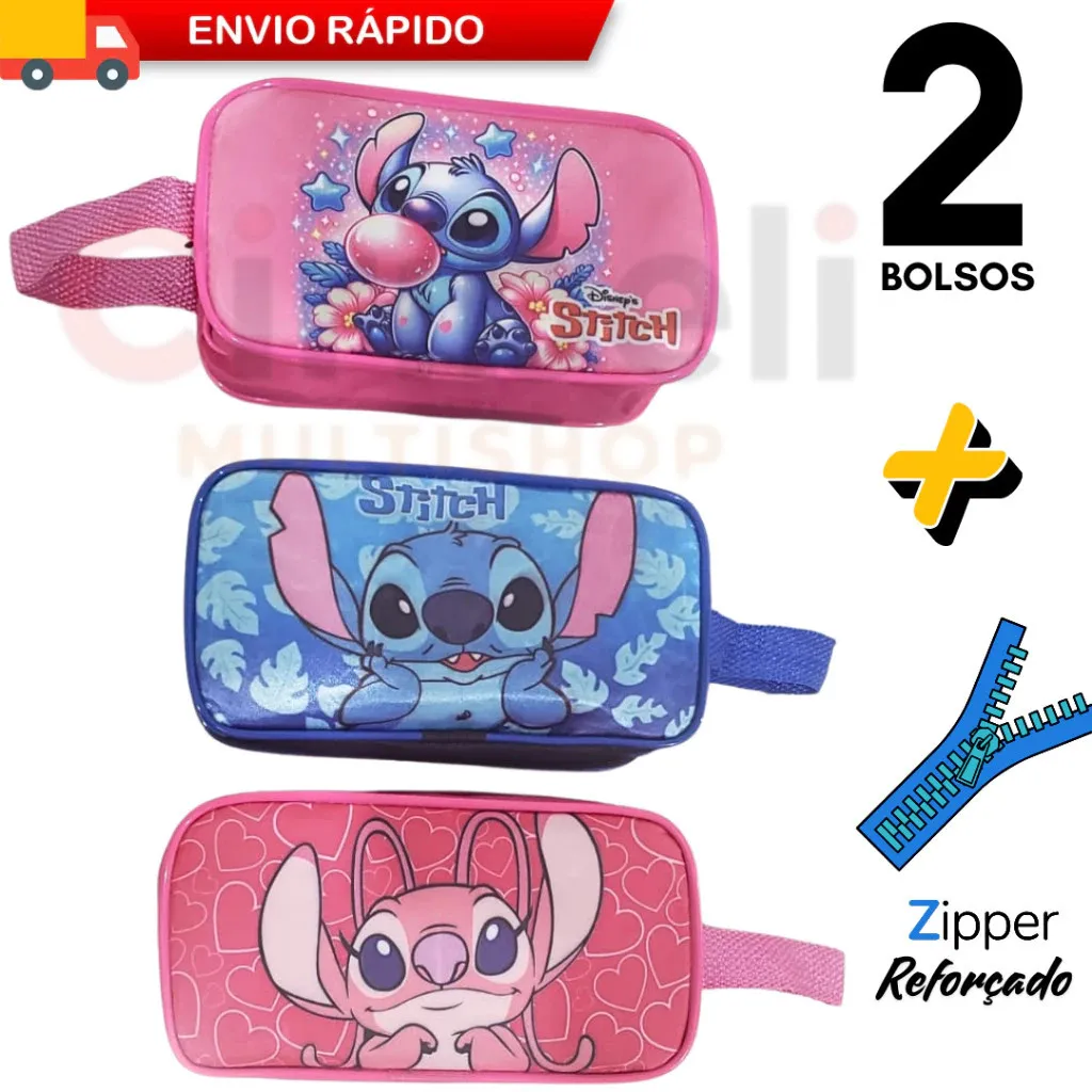 Estojo Lápis Duplo Escolar Lilo Stitch 2 Bolsos Divisórias Angel Infantil