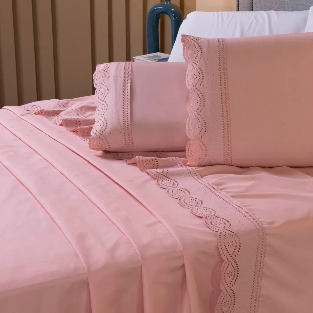 Jogo de Lençol Casal, Queen 400 Fios 4 Peças Bordado Inglês Roupa de Cama Tecido Macio Aveludado