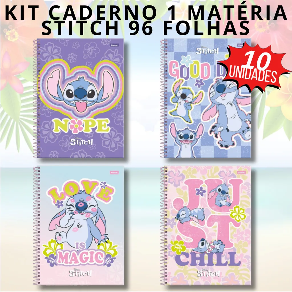 Kit 10 Cadernos Espiral Universitário Grande Disney Stitch 80 Folhas Capa Dura 1 Matéria FORONI Estampa