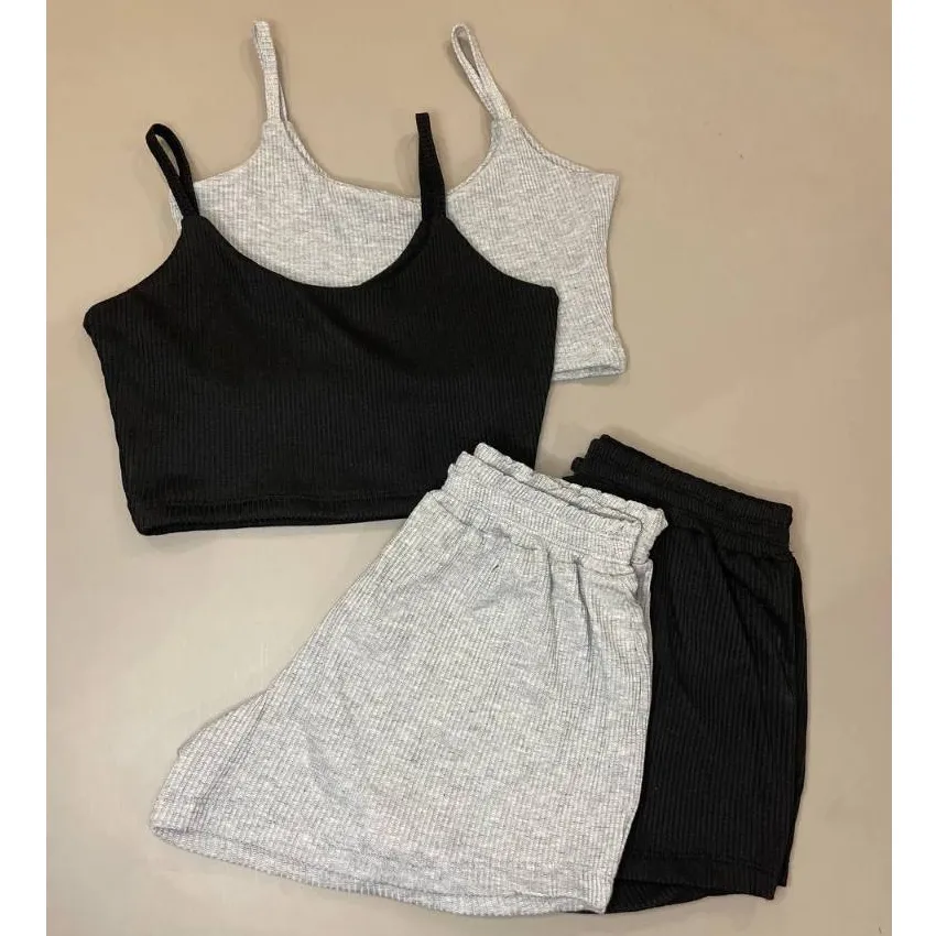 Kit 2 Conjuntos Feminino Short e Cropped Canelado Curto...
