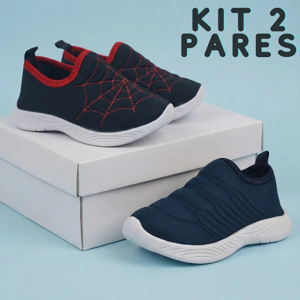 Kit 2 Tênis Infantil Calce Fácil Menino Preto e Azul Marinho Antiderrapante