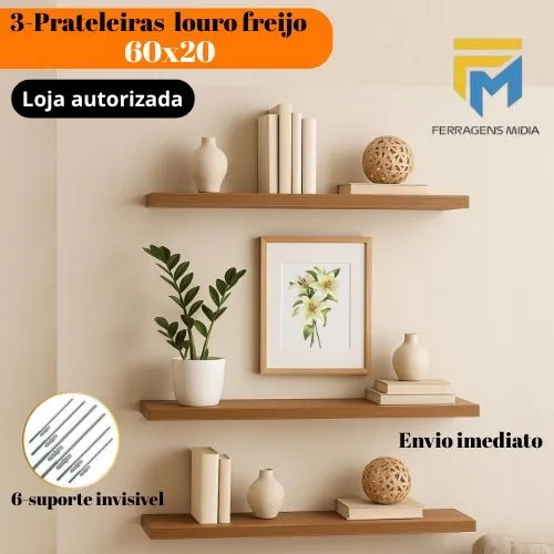 Kit 3 Prateleiras 60×20 100% MDF – Preto, Branco ou Freijó – Decoração Sala, Quarto e Banheiro