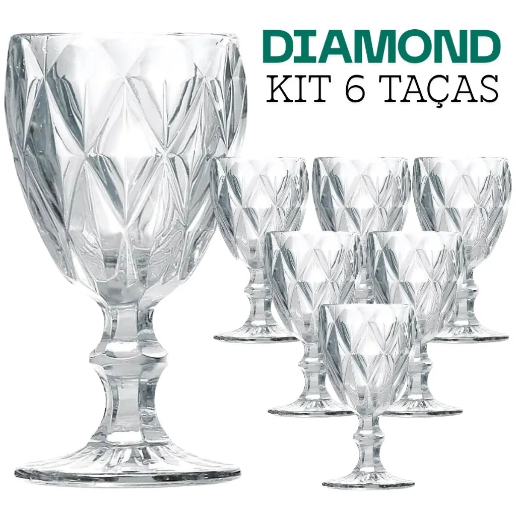 Kit 6 Taças De Vidro Diamond Greek Para Vinho E Água 330 ML