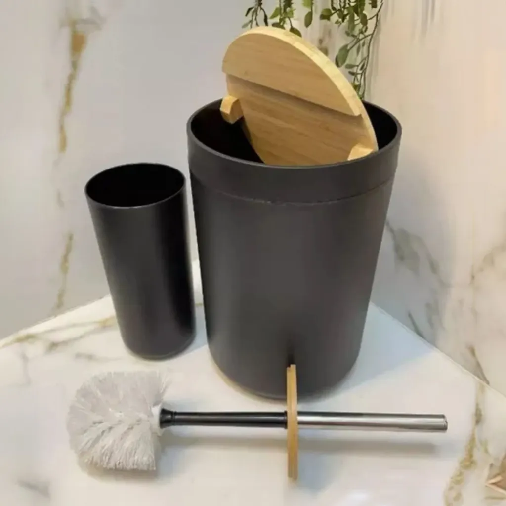 Kit Banheiro Bambu 2 Pçs Lixeira e Escova de Vaso Sanit...