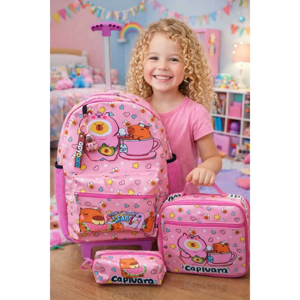 Kit Mochila de Rodinha Lancheira Estojo Normal Chaveiro...