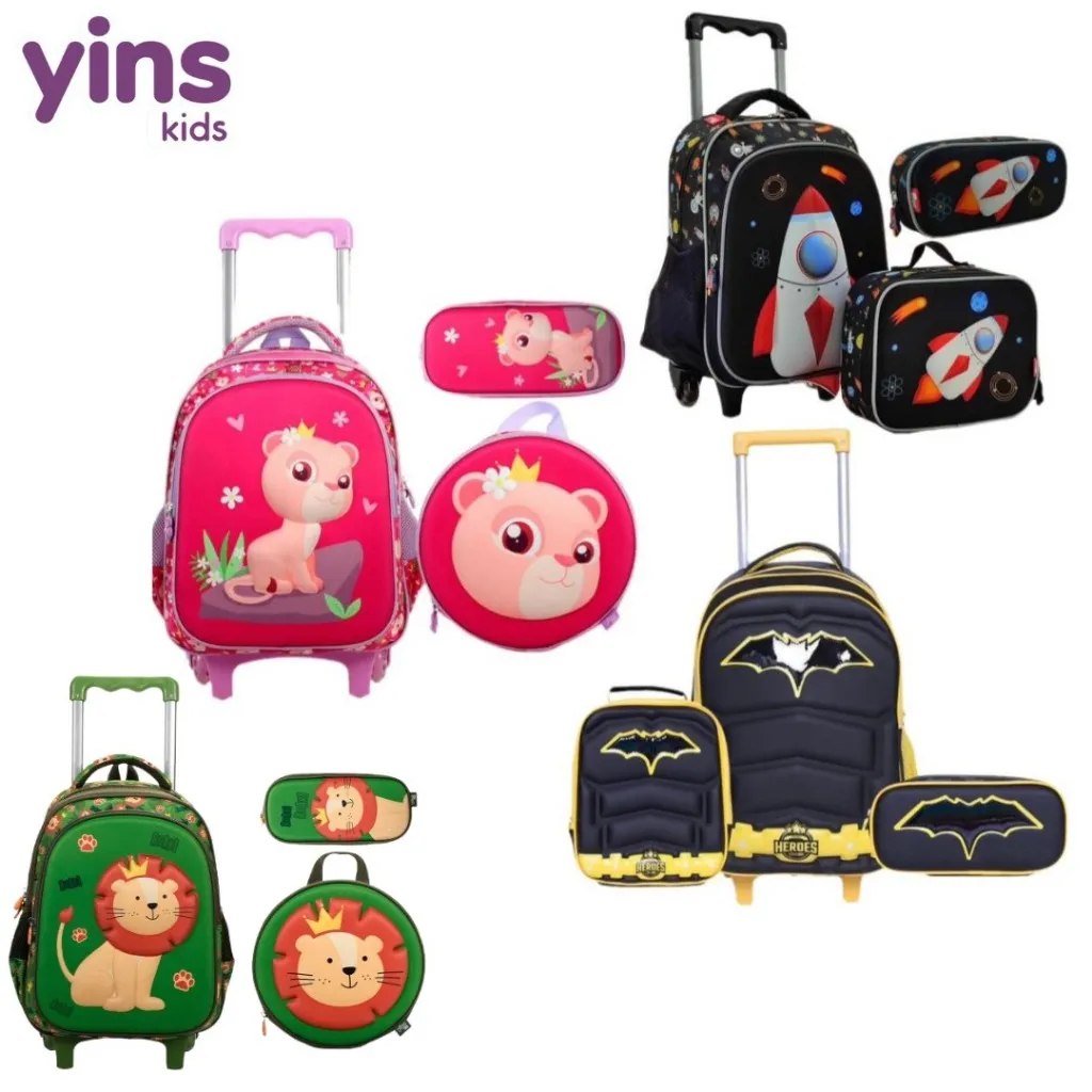 Kit mochila escolar infantil 3D Leão, Batman e astronauta Com Lancheria e Estojo Minina e Minino -YINS