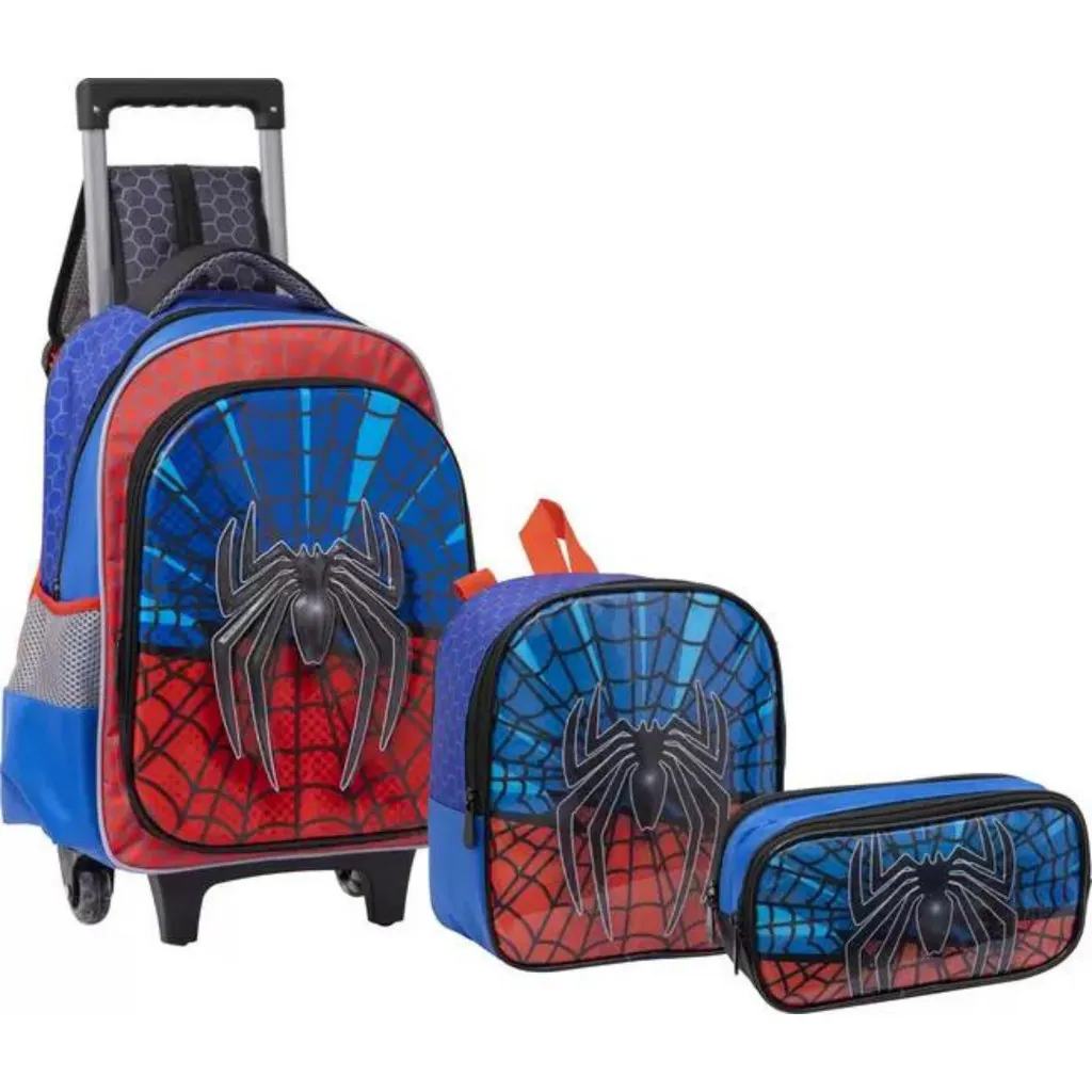 Kit Mochila Escolar Rodinha Homem Aranha Infantil Spider Frente PVC 3D Alto Relevo