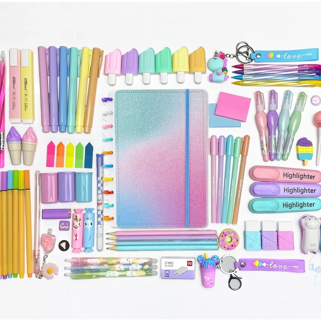 Kit Papelaria 2026 Caderno de Disco Capa Glitter Degradê Kawaii Fofo com Marca Texto Presente Volta às Aulas