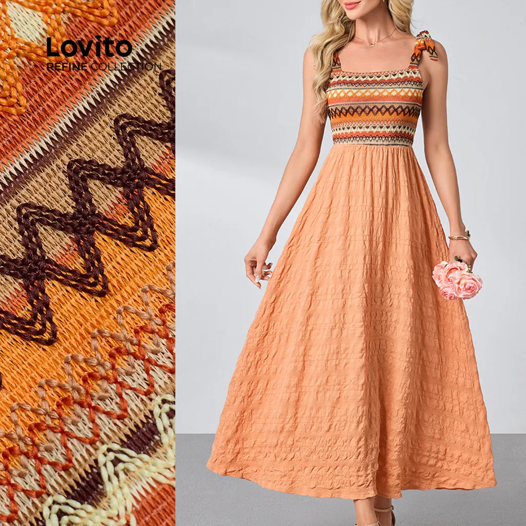 (Lovito Refine) Vestido Boho com Amarração em Costura Laranja Primavera/verão para Mulheres LR29L035