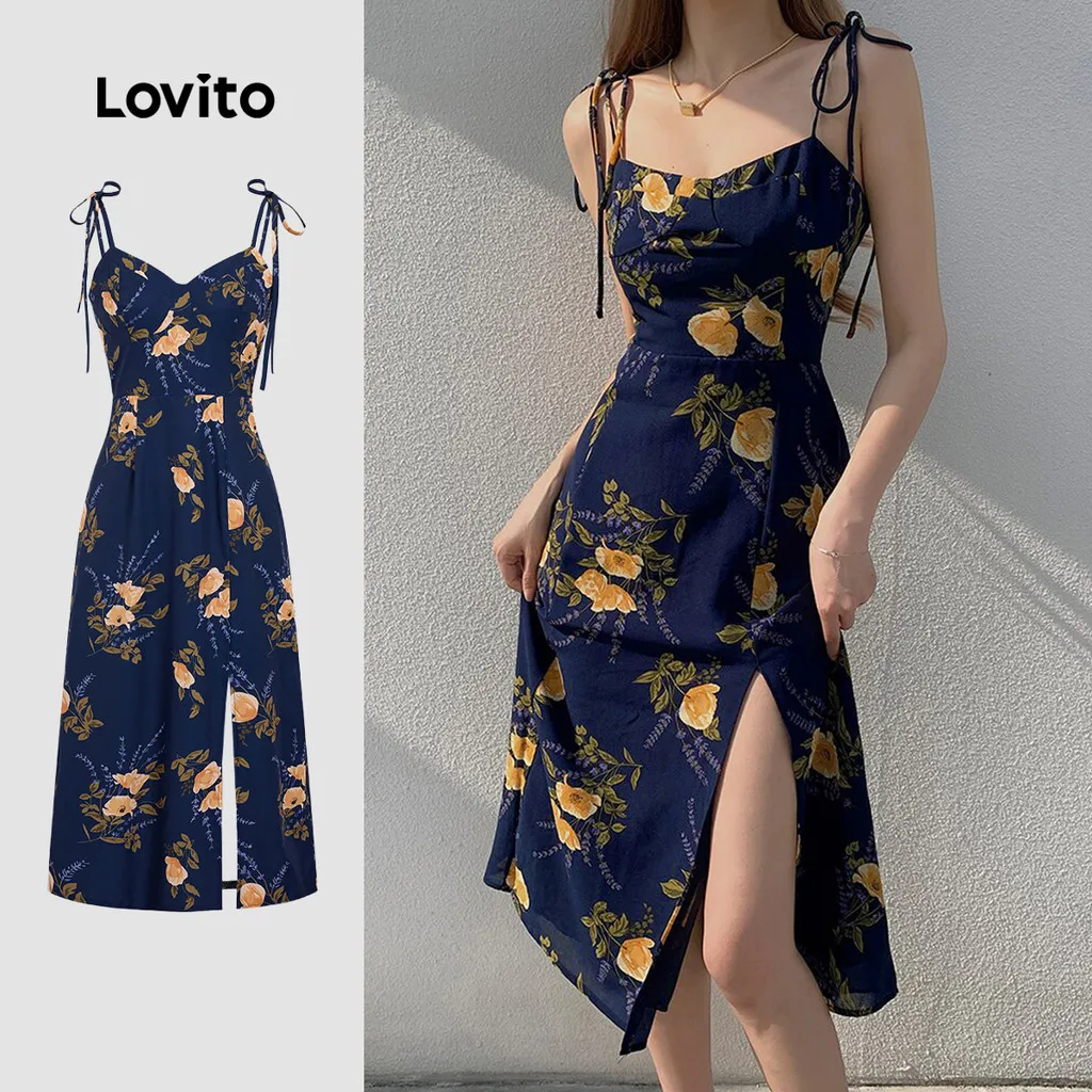 Lovito Vestido Casual Com Estampa Floral Fenda E Amarração Nas Costas Primavera/verão Para Mulheres L155ED134