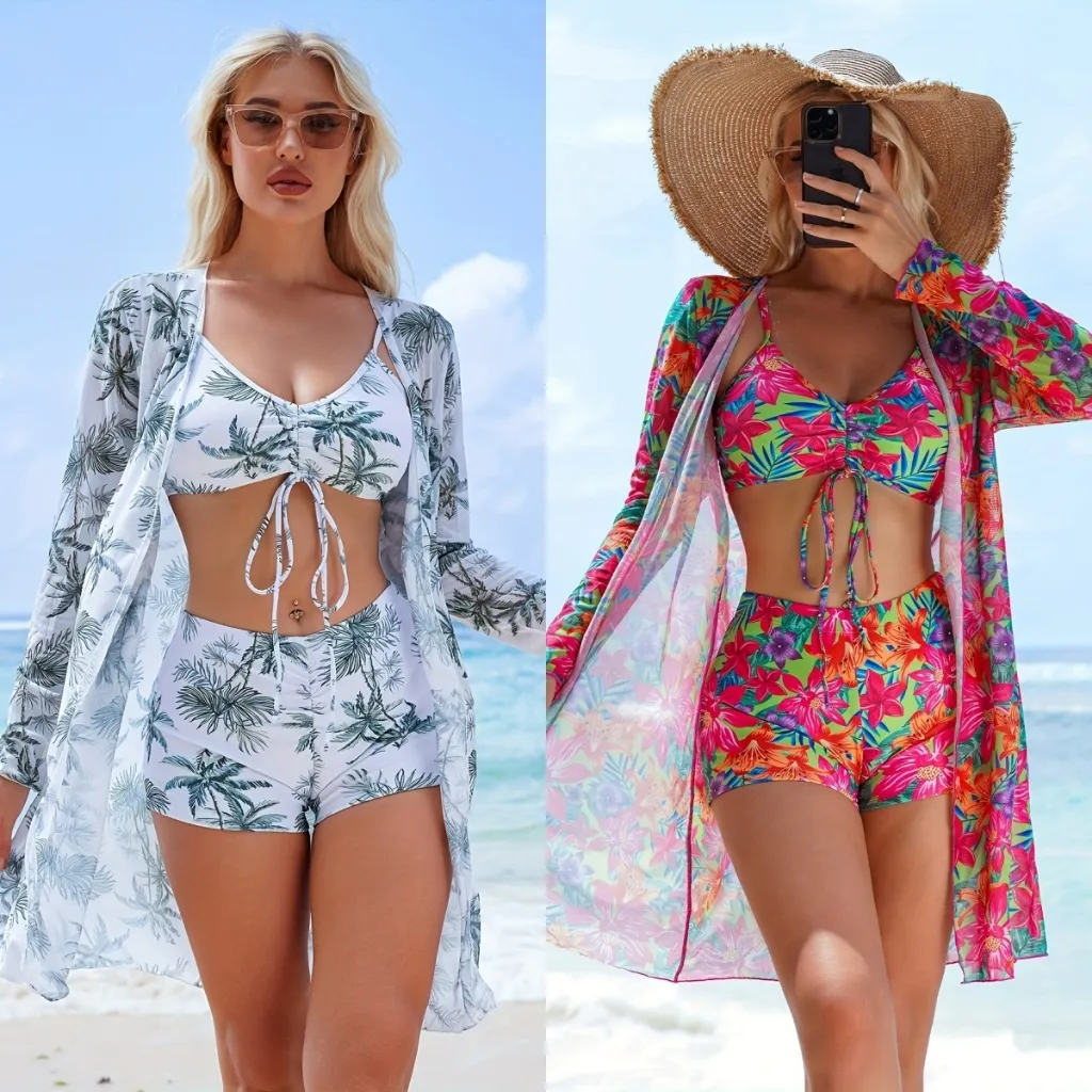 Maiô Biquíni Sexy Com Três Peças Cordão Com Saida De Praia Kimono Conjuntos Bikini