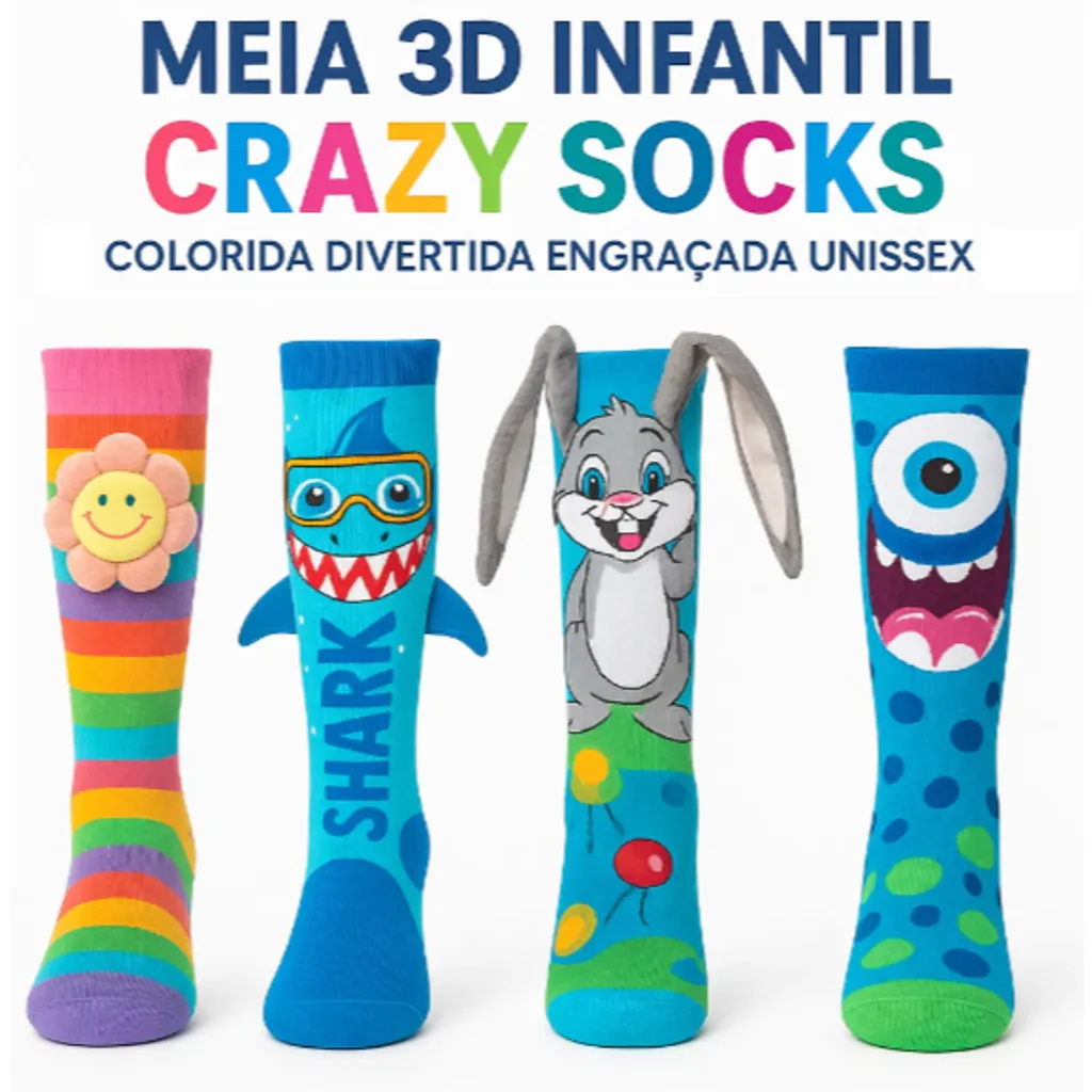 Meia Infantil 3D Divertida meia maluca Juvenil Colorida Criança Menina e Menino – pronta entrega ENVIO IMEDIATO