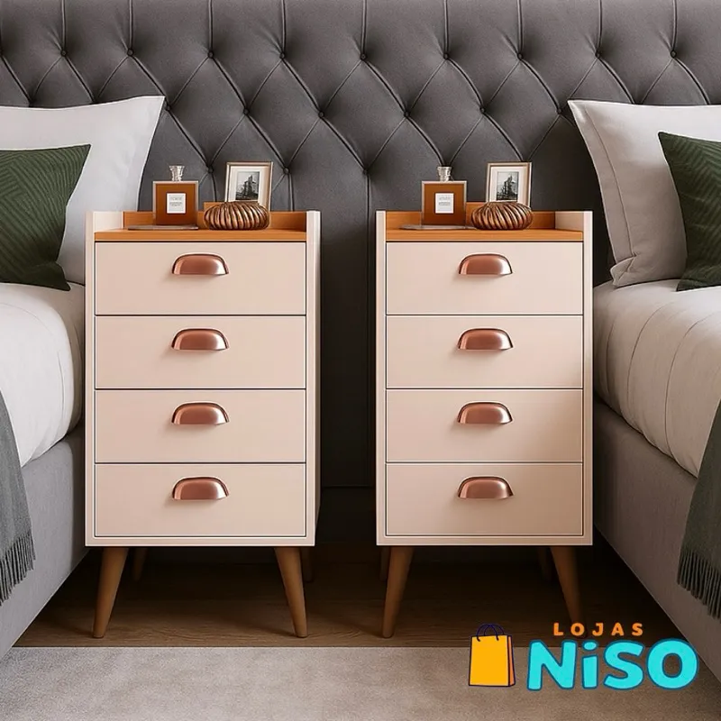 Mesa de Cabeceira Luxo Concha Monet 04 Gavetas Pés Palito Quarto Organizador – LANÇAMENTO