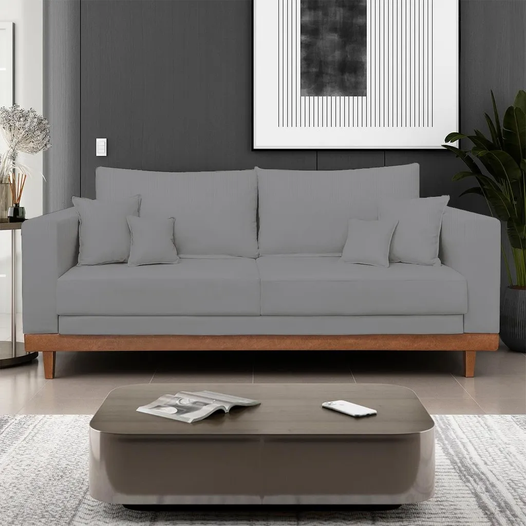 Sofá 3 Lugares Living Com Base Madeira Linho Balaqui Decor