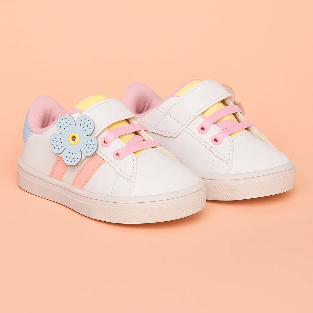Tênis Baby Feminino Menina Branco Elástico Tiras Detalhe Flor Confortável