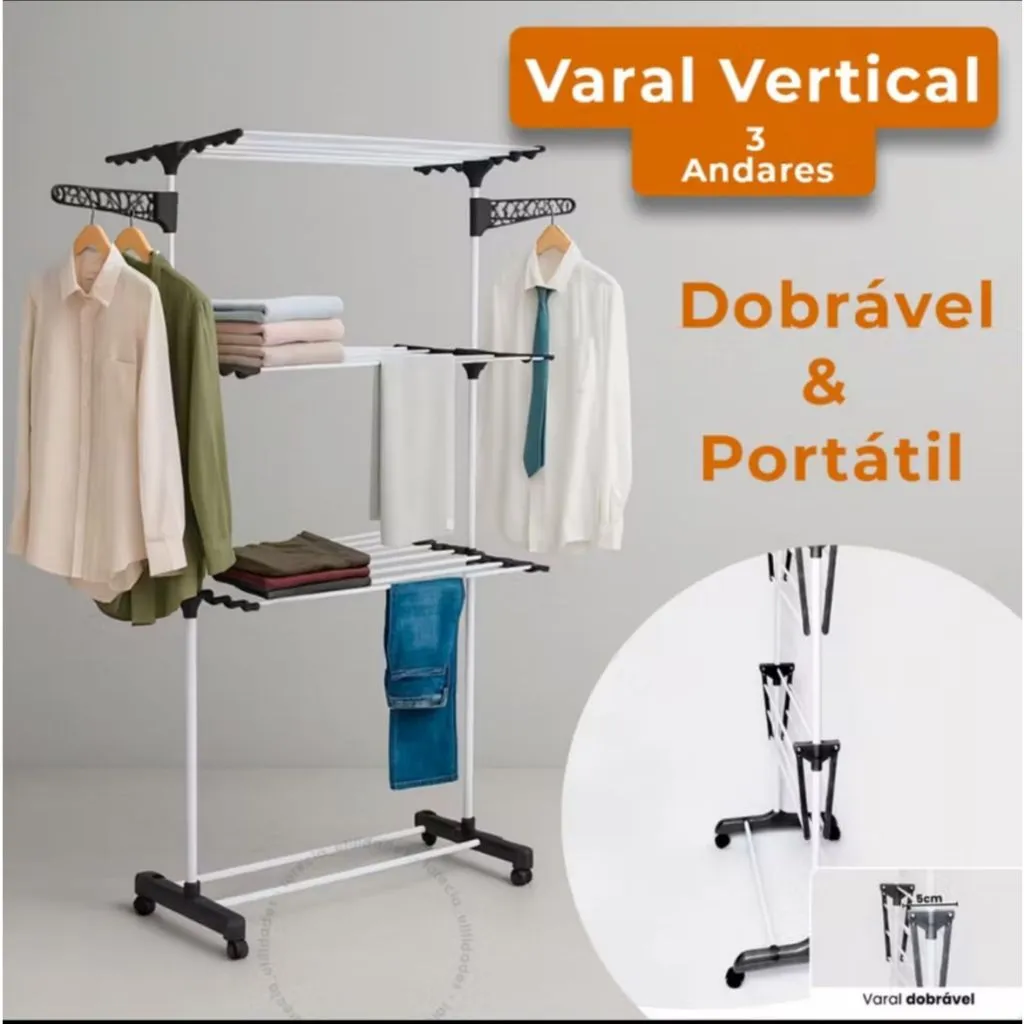 Varal Grande de Chão 3 Andares Grade Dobrável Rodinha A...