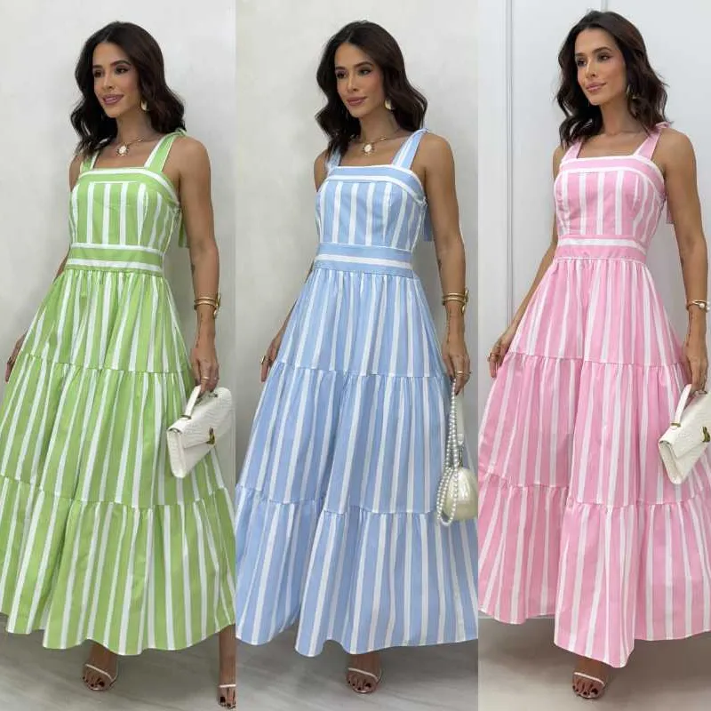 Vestido Listrada Do tricoline 100% algodão alça amarraç...